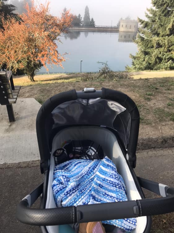 baby in stroller at Mt Tabor 